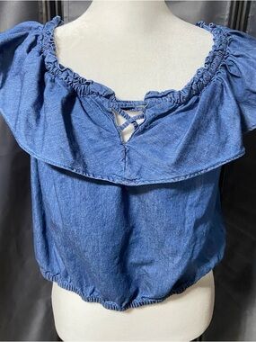 Derek Heart Denim Ruffle Off Shoulder Crop Top Lace Up detail Neckline L
